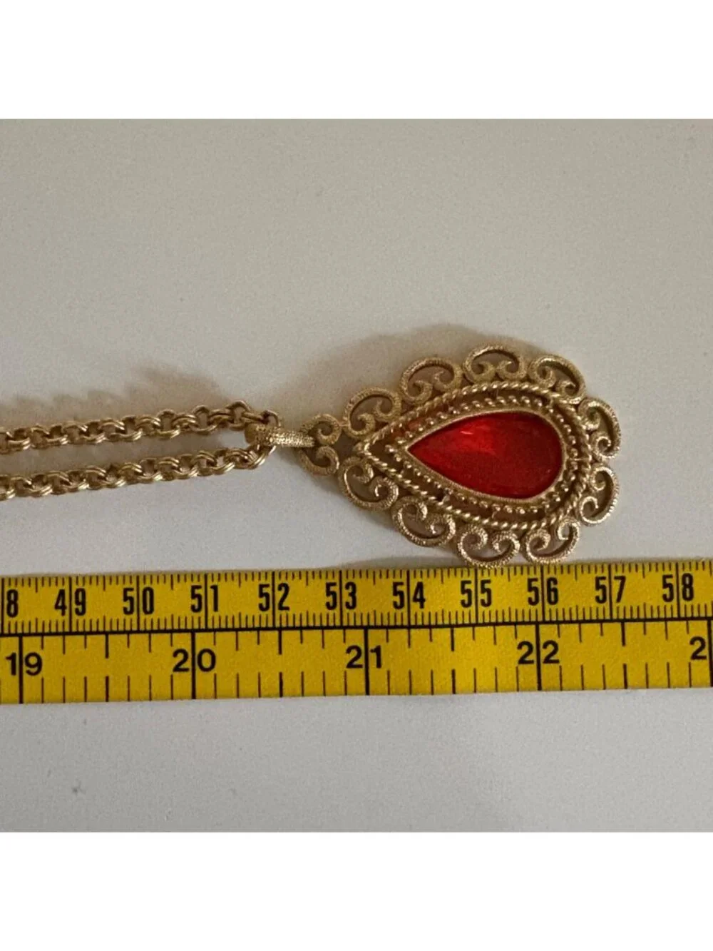 Long Gold Tone Necklace Orange Teardrop Pendant Ornate Filigree Design Jewelry
